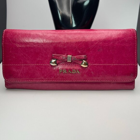 Prada Saffiano Leather Long Wallet w/ Bow - Peonia - Preowned - Picture 1 of 10